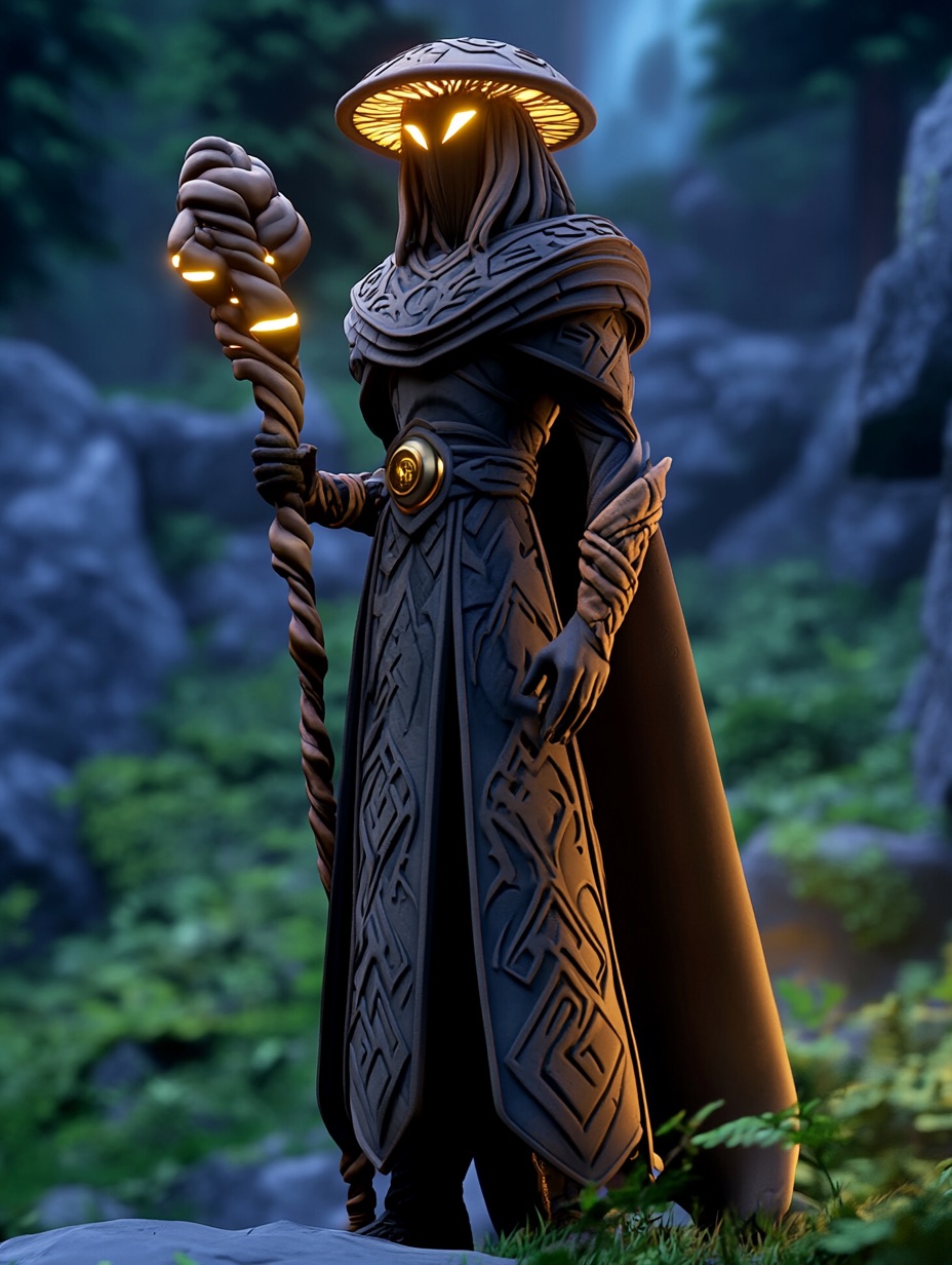 A tall My'Celari mystic in dark rune-inscribed robes, with a mushroom-cap crown and a glowing staff