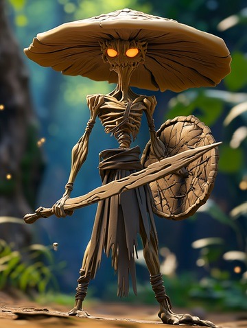 A small Myrrow warrior with a skeletal wooden body, wide mushroom-cap hat, orange glowing eyes, holding a bark shield and a staff