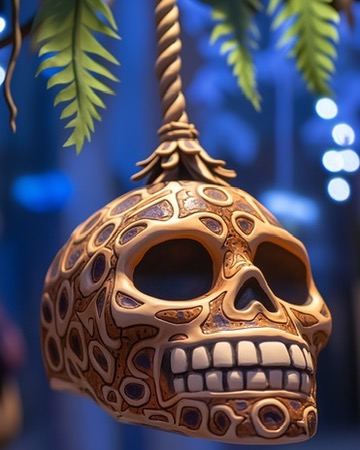 A sacred skull ornament from Verdani material culture, carved with ornate patterns and hanging among jungle leaves