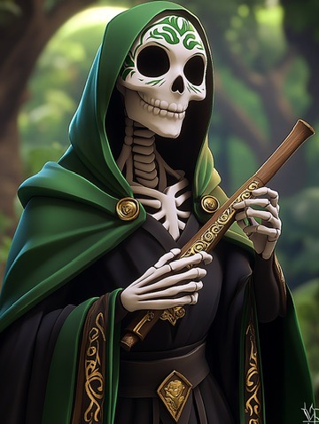 An advanced Verdani practitioner in a green hood, with a painted-skull face and visible rib cage, holding a ritual staff